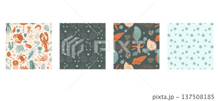Hand-drawn marine life seamless patterns collection with crabs, starfish, and seashells. Retro Mediterranean design for summer vacation posters, ocean-themed decor, or tropical textile art. Vector bg 137508185