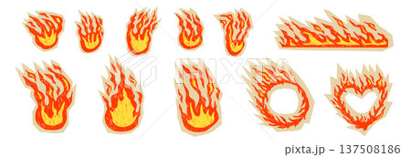 Flame doodles in crayon chalk, hand-sketched fire with grunge textures. Retro promo sticker graphics and rough brush strokes for creative project. Vector bonfire and hot sale frames, borders isolated 137508186