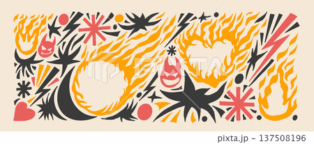 Punk rock doodles with fire frames. Fireball, burned heart frames silhouette scribbles. Scrawl flames icons paper cutout pattern set. Bonfire stickers collage background. Vector naive simple elements Punk rock doodles with fire frames. Fireball, burned heart frames silhouette scribbles. Scrawl flames icons paper cutout pattern set. Bonfire stickers collage background. Vector naive simple elements 137508196