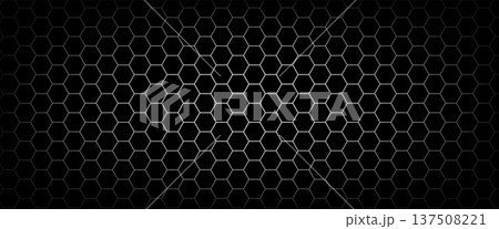 Fiber honeycomb gradient with carbon hexagon on black background for tech presentation. Large hex grid glows from a bright gradation at the center. Dark honeycomb vector background for bg design Fiber honeycomb gradient with carbon hexagon on black background for tech presentation. Large hex grid glows from a bright gradation at the center. Dark honeycomb vector background for bg design 137508221