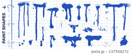 Blue paint spray, splodge and drip set on grid paper background with ink stains. School splotch spray with dirty blobs, runny streaks and dot element. Distressed vector set for art journal stationery Blue paint spray, splodge and drip set on grid paper background with ink stains. School splotch spray with dirty blobs, runny streaks and dot element. Distressed vector set for art journal stationery 137508272
