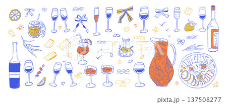 Wine and cheese mediterranean party hand drawn. Spanish, italian fruit cocktail tasting event. Sangria, limoncello glass, charcuterie doodle sketch illustration set isolated on transparent background Wine and cheese mediterranean party hand drawn. Spanish, italian fruit cocktail tasting event. Sangria, limoncello glass, charcuterie doodle sketch illustration set isolated on transparent background 137508277