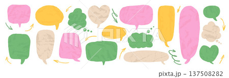 Colourful crumpled paper chat bubbles with irregular torn surfaces. Textured speech balloon stickers perfect for comic dialogue, notebook collage, and creative message. Vector kids cloud, heart shapes 137508282
