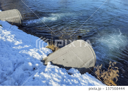 Two concrete pipes through which water flows 137508444
