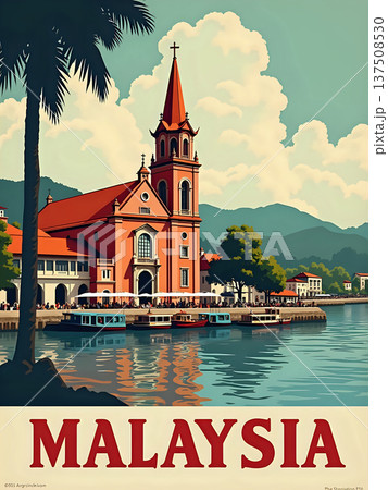 A red church by the river in Malaysia. People gather near the water while boats float. Mountains rise in the background under a blue sky with clouds. A red church by the river in Malaysia. People gather near the water while boats float. Mountains rise in the background under a blue sky with clouds. 137508530
