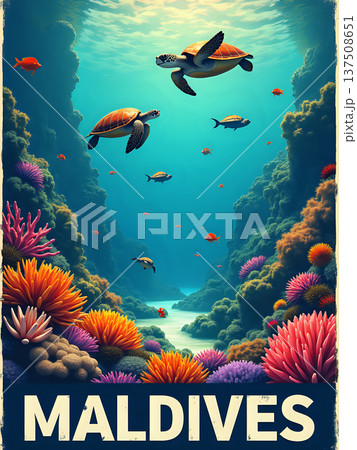Two sea turtles swim through a clear blue water scene in the Maldives. Vibrant coral reefs and schools of fish surround them. The underwater world shows rich marine life in a natural habitat. 137508651
