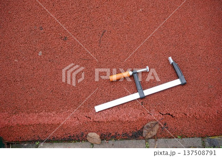 Clamp tool top view background. Work clamp equipment copy space 137508791
