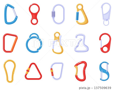 Carabiner climbing. Hook climber, plastic metal clasps for protection and safety. Accessory carabiners for backpack, bags, tools for handmade, nowaday vector set Carabiner climbing. Hook climber, plastic metal clasps for protection and safety. Accessory carabiners for backpack, bags, tools for handmade, nowaday vector set 137509639