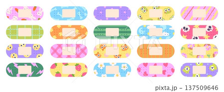 Cartoon children adhesive plaster. Medical plasters with different funny prints. First aid elements, adhesive sterile bandages. Adorable stickers, racy vector clipart 137509646