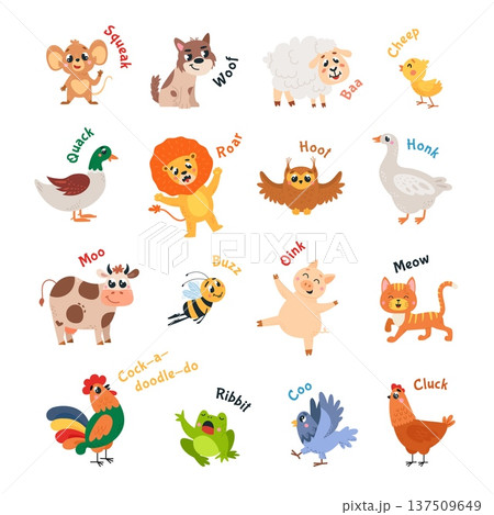 Animal sounds. What sound making animals, poster with cartoon cute characters for children. Cow, lion, pid, frog, chicken and pigeon, goose and god, classy vector banner 137509649