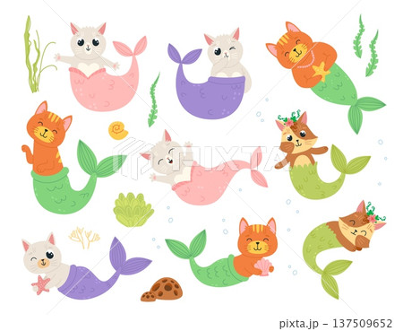 Cat mermaid. Kitten with mermaids tails and seaweed. Funny childish creatures, fairytale underwater animals. Isolated cartoon characters, classy vector clipart 137509652