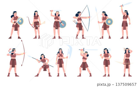 Cartoon amazon girls. Female warriors with bow and arrows. Amazonian girl, women using swords, axes, spears for tribal safety, recent vector characters 137509657