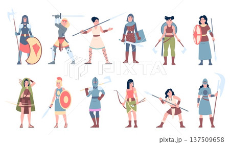 Girl warriors. Female warrior hold bow, sword, axe. Woman in armor and helmets from greek, roman, asian, scandinavian myths, tribal defenders, recent vector characters 137509658