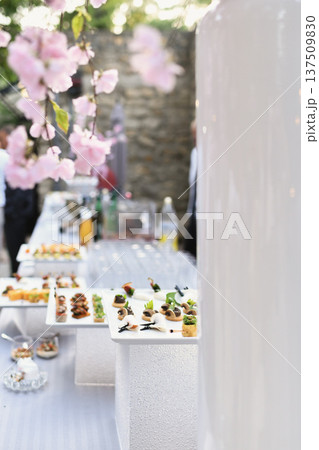 Gourmet canapes displayed on the white pedestals beneath pink blossom centerpiece 137509830