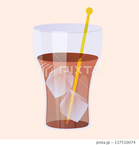 Glass of cocktail with ice cubes and yellow stirrer on light background 137510074