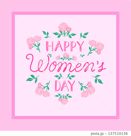 Happy Women's Day decorative illustration with pink flowers and green leaves on pastel background 137510136