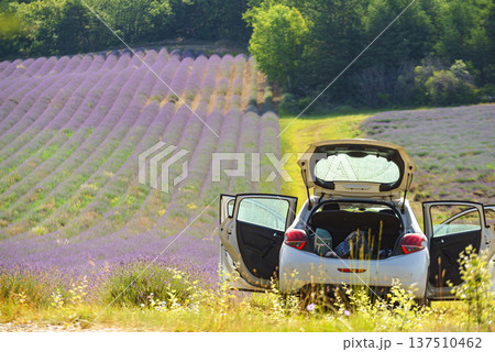 Car with camp equipment on nature Car with camp equipment on nature 137510462