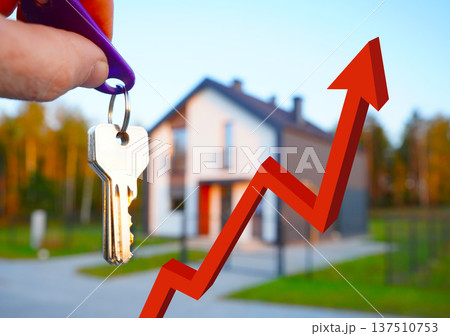 Graph with red arrow rising home prices or rising mortgage interest rates Real estate prices. 137510753