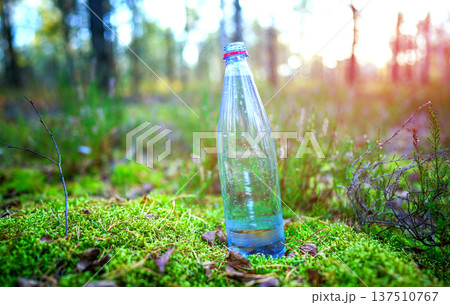 Water bottle in athlete's hand during a hike in woods. Water used for hydration in  running sports  137510767