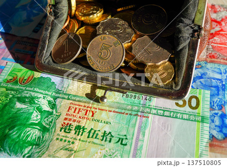 Coin purse with Hong Kong dollar banknotes. Wallet with Hong Kong dollar cash payment. Wallet Coin 137510805