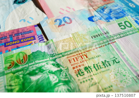 Hong Kong dollar banknotes background. Hong Kong dollar cash payment and wages. Cash background. 137510807