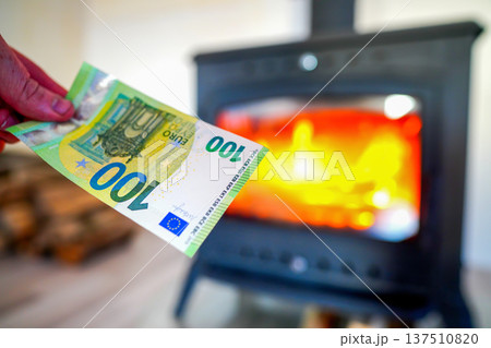 Heating payment. Save money wood stove. Euro money banknotes for payment of heating firewood 137510820