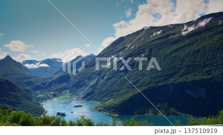 Fjord Geirangerfjord with ferry boat, Norway. Fjord Geirangerfjord with ferry boat, Norway. 137510919