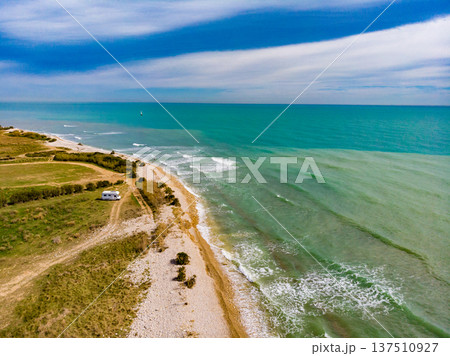 Caravan camping on coast. Aerial view Caravan camping on coast. Aerial view 137510927