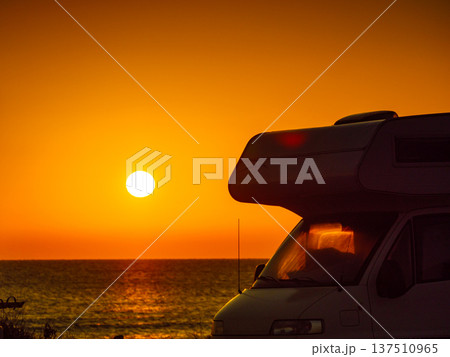 Camper car on beach at sunrise Camper car on beach at sunrise 137510965