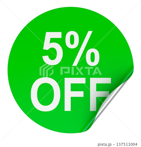 Discount sticker with 5 percent off, green round label with peeling corner, 3D rendering Discount sticker with 5 percent off, green round label with peeling corner, 3D rendering 137511004