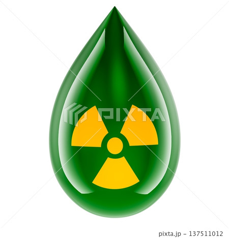 Green radioactive drop with radiation symbol. Radioactive contamination, nuclear hazard, and toxic waste, concept. 3d rendering Green radioactive drop with radiation symbol. Radioactive contamination, nuclear hazard, and toxic waste, concept. 3d rendering 137511012