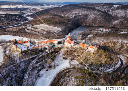 Beautiful old castle - top view from a drone. Winter landscape at sunset. Veveri Castle - City of Brno - Czech Republic - Europe. 137511028