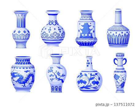 Chinese porcelain vases. China ceramic vase, antique ancient pottery craft jar blue floral oriental traditional decorative vintage asian ornament, qualitative vector illustration 137511072