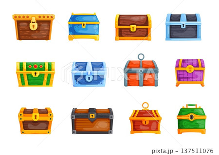 Cartoon treasure chests. Treasures chest, wooden box golden lock jewelry old safe gold trunk wood storage casket blue graphic set icon game interface, kicky vector illustration Cartoon treasure chests. Treasures chest, wooden box golden lock jewelry old safe gold trunk wood storage casket blue graphic set icon game interface, kicky vector illustration 137511076