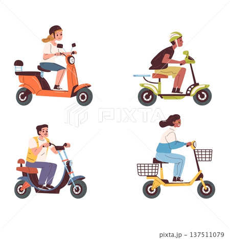 People sit scooter. Man woman ride on electric scooter, sitting on chair eco e transport for delivery or student drivers city urban modern vehicle, set classy vector illustration 137511079