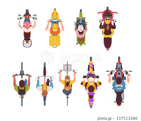 Riders top view. People above motorcycle or bicycle. Delivery man scooter woman on helmet bike rider overhead traffic road race aerial view motor biker, classy vector illustration Riders top view. People above motorcycle or bicycle. Delivery man scooter woman on helmet bike rider overhead traffic road race aerial view motor biker, classy vector illustration 137511080