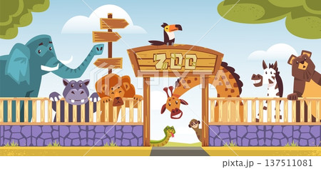 Zoo entrance. Zoology park entry gate, welcome arch with wild animals enclosure jungle tree nature garden cartoon landscape safari savanna animal scene, classy vector illustration 137511081