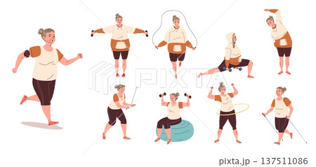Elderly woman exercises. Senior women physical exercise, grandmother sport activity yoga stretching pilates gym wellness health care old age therapy set classy vector illustration 137511086