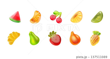 Jelly fruit candy. Realistic gummy candies, 3d glossy fruits supplement sugar sweet set, cherry strawberry lemon pineapple orange watermelon mix figure, exact vector illustration Jelly fruit candy. Realistic gummy candies, 3d glossy fruits supplement sugar sweet set, cherry strawberry lemon pineapple orange watermelon mix figure, exact vector illustration 137511089