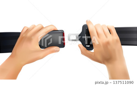 Hands seat belts. Realistic hand fastening seatbelt buckle, unlocking safety belt car airplane passenger road traffic security safe drive fasteners, 3d exact vector illustration 137511090