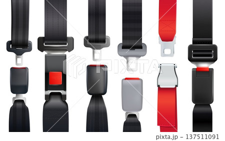 Realistic seat belts. Safety seatbelt, fasten unfastened belt lock unlock buckle seat belt driver car airplane road traffic passenger safe strap, isolated exact vector illustration 137511091