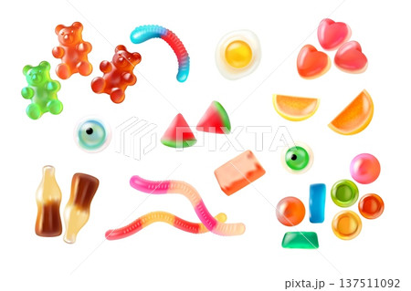 Realistic jelly candy. 3d gummy candies sweet bear fruit cola bottle, soft chewy marmalade worm sugar dessert lollipop bubble gum snack assorted shape, exact vector illustration 137511092