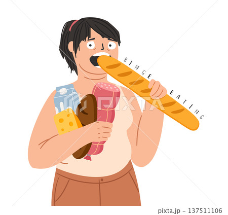 Overweight woman in an attack of compulsive overeating. Binge eating vector illustration of weight loss 137511106