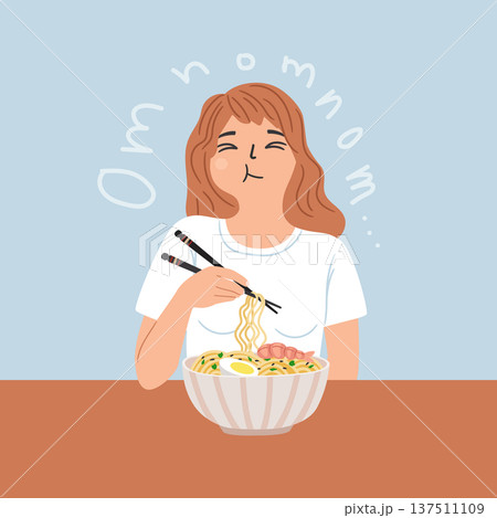 Happy woman with mouth full of food eating noodles for lunch Happy woman with mouth full of food eating noodles for lunch 137511109