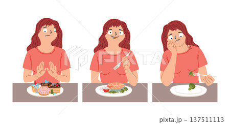 Concept vector illustration about nutrition culture and a healthy lifestyle. A happy woman eating healthy food. A sad woman on a diet with broccoli on a plate. Refusal of unhealthy food 137511113