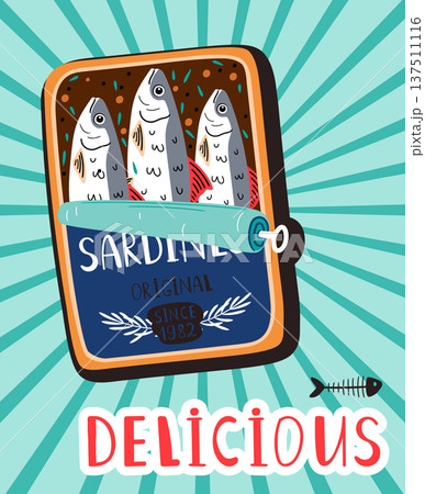 Canned sardines. Colorful seafood vector illustration. Cartoon sticker of Fish can 137511116