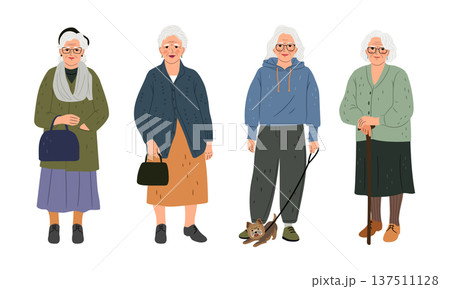 Beautiful elderly women set. Collection of cute grandmothers. Beauty of senior age old people 137511128