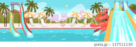 Aquapark panoramic background. Sea waterpark, hotel pool waterslides sun loungers swim water slides swimming splash water aqua park summer entertainment cartoon vector illustration Aquapark panoramic background. Sea waterpark, hotel pool waterslides sun loungers swim water slides swimming splash water aqua park summer entertainment cartoon vector illustration 137511130