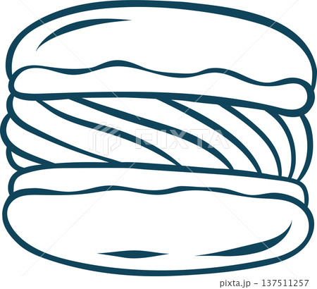 Doodle style macaron with Mediterranean blue outline. Clean hand-drawn vector of French almond cookie for dessert menus or bakery marketing 137511257