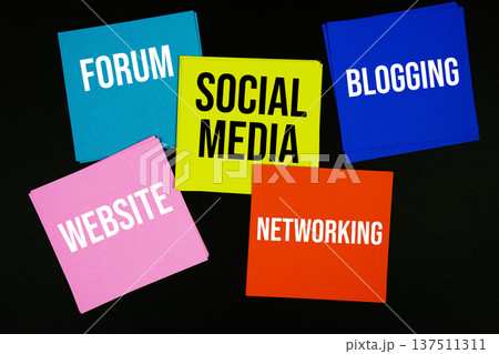 Colorful sticky note with text "Social Media, Forum, , Blogging, Website, and Networking" on a black background, various components of online communication and digital marketing. 137511311